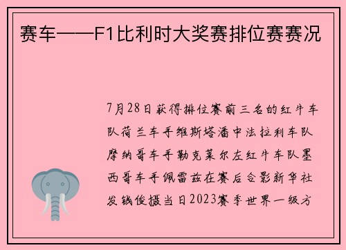 赛车——F1比利时大奖赛排位赛赛况